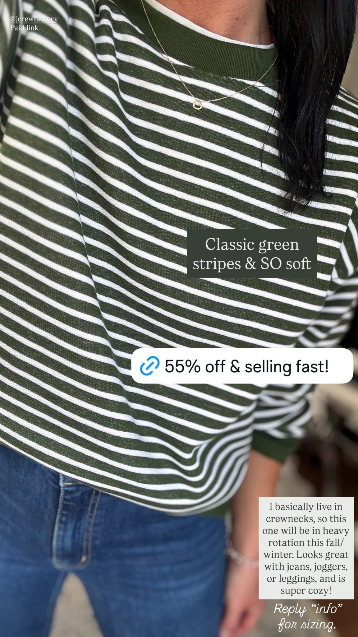 55% off this classic crewneck sweatshirt👏

Classic green stripes & SO soft. I basically live in crewnecks, so this one will be in heavy rotation this fall/winter. Looks great with jeans, joggers, or leggings, and is super cozy!

In my opinion, this fits very TTS. I’m wearing a S.

J.crew factory, timeless, classic style, casual style, comfy outfit, mom style, sale alert, affordable fall fashion 

#LTKFindsUnder50 #LTKSaleAlert #LTKSeasonal