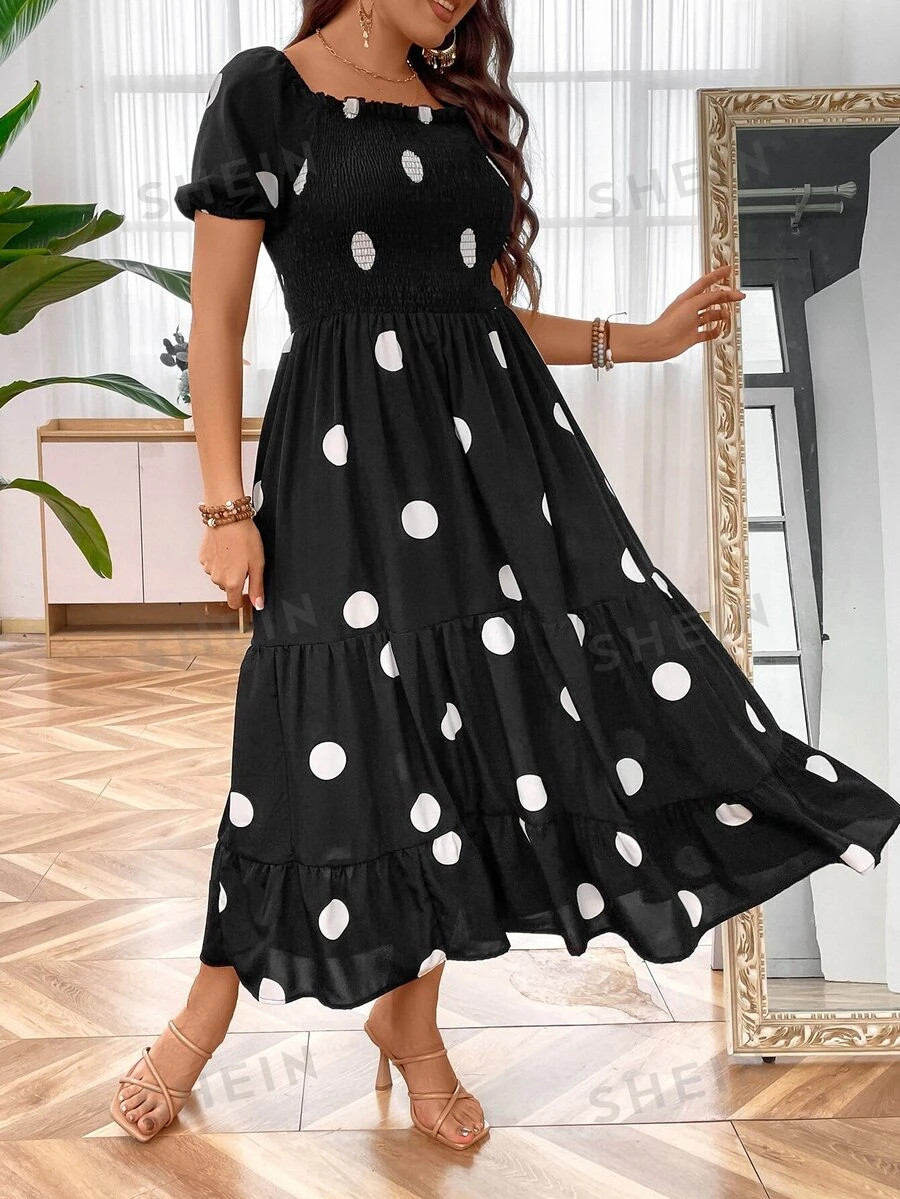 SHEIN Clasi Plus Polka Dot Print Shirred Layered Hem Dress | SHEIN