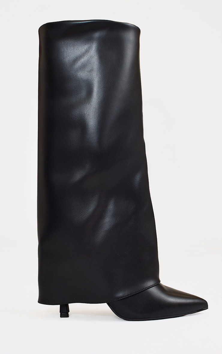 Random Layered Pointed Toe Stiletto Heel Knee High Boot In Black Faux Leather | EGO (UK)