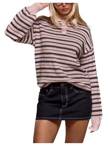 Women's Striped Lightweight Golf Sweaters Long Sleeve Collared Button Loose Fit Pullover Tops | Amazon (US)