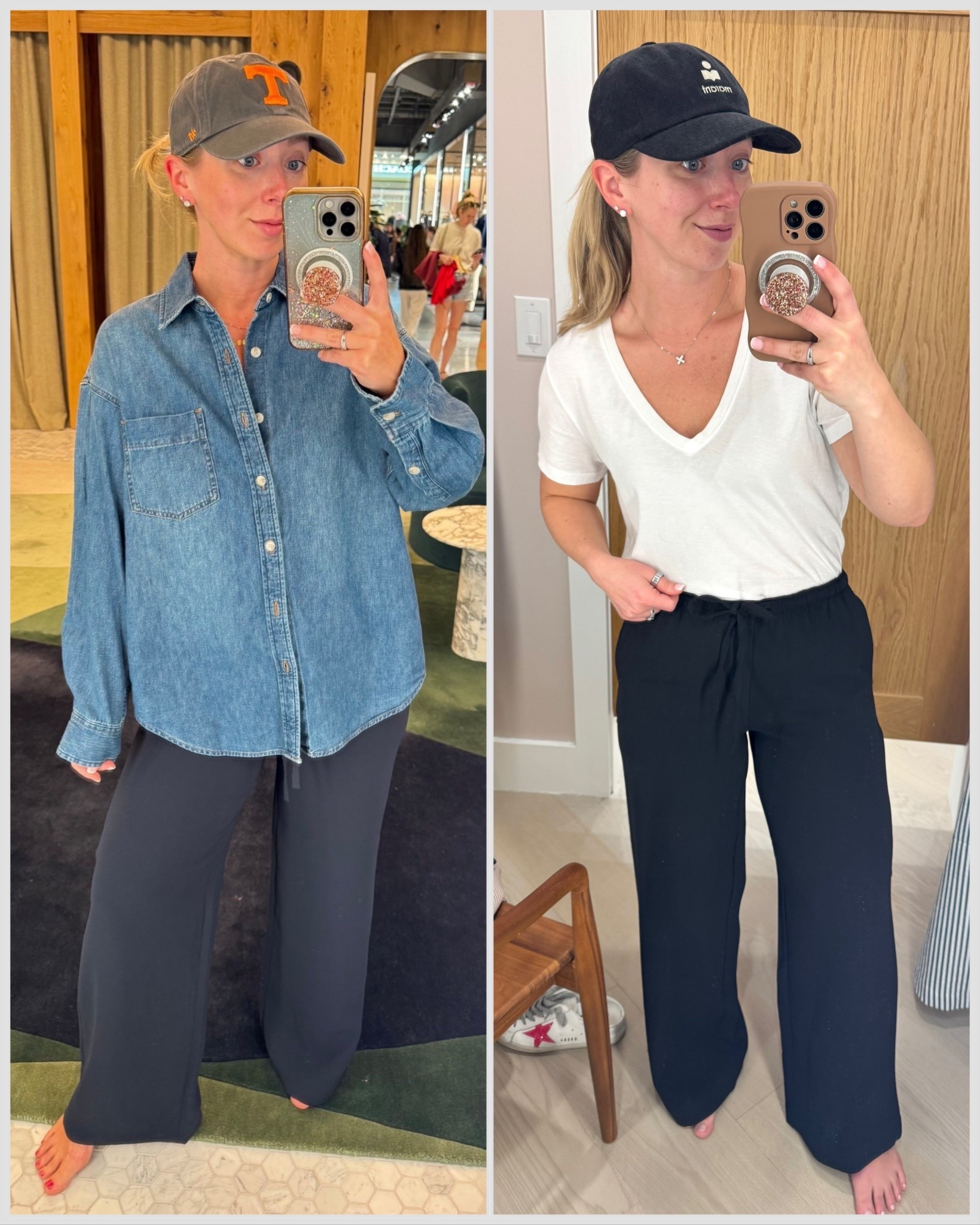 Save or splurge Aritzia pants 💙 size small regular in the Aritzia, size XS regular in the loft (right)—size XS denim top 

Pants, travel, Aritzia, loft 

#LTKdayinmylife #LTKootd #LTKmomlife