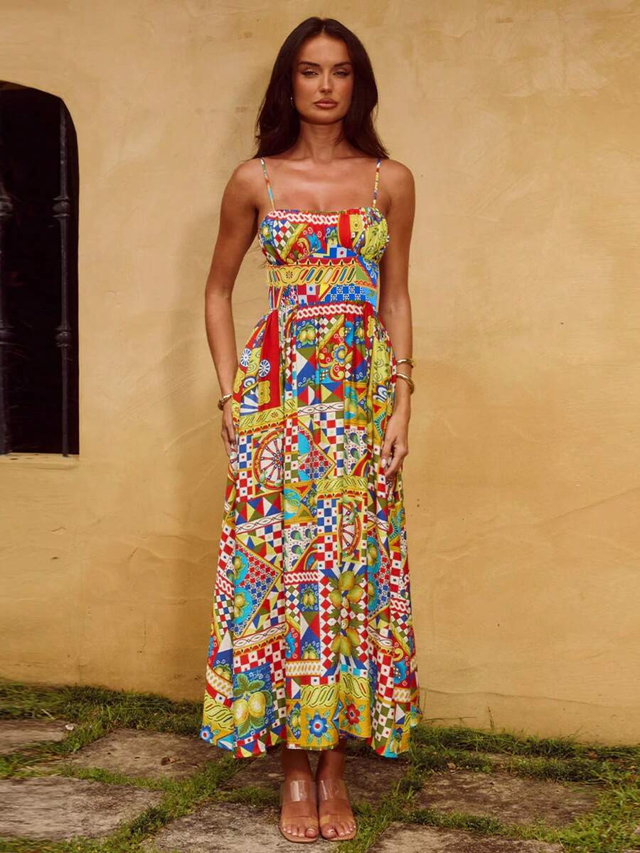 Elegant Retro Print Pattern Spaghetti Strap Waist Tie Back Design Dress, Suitable For Casual, Hol... | SHEIN