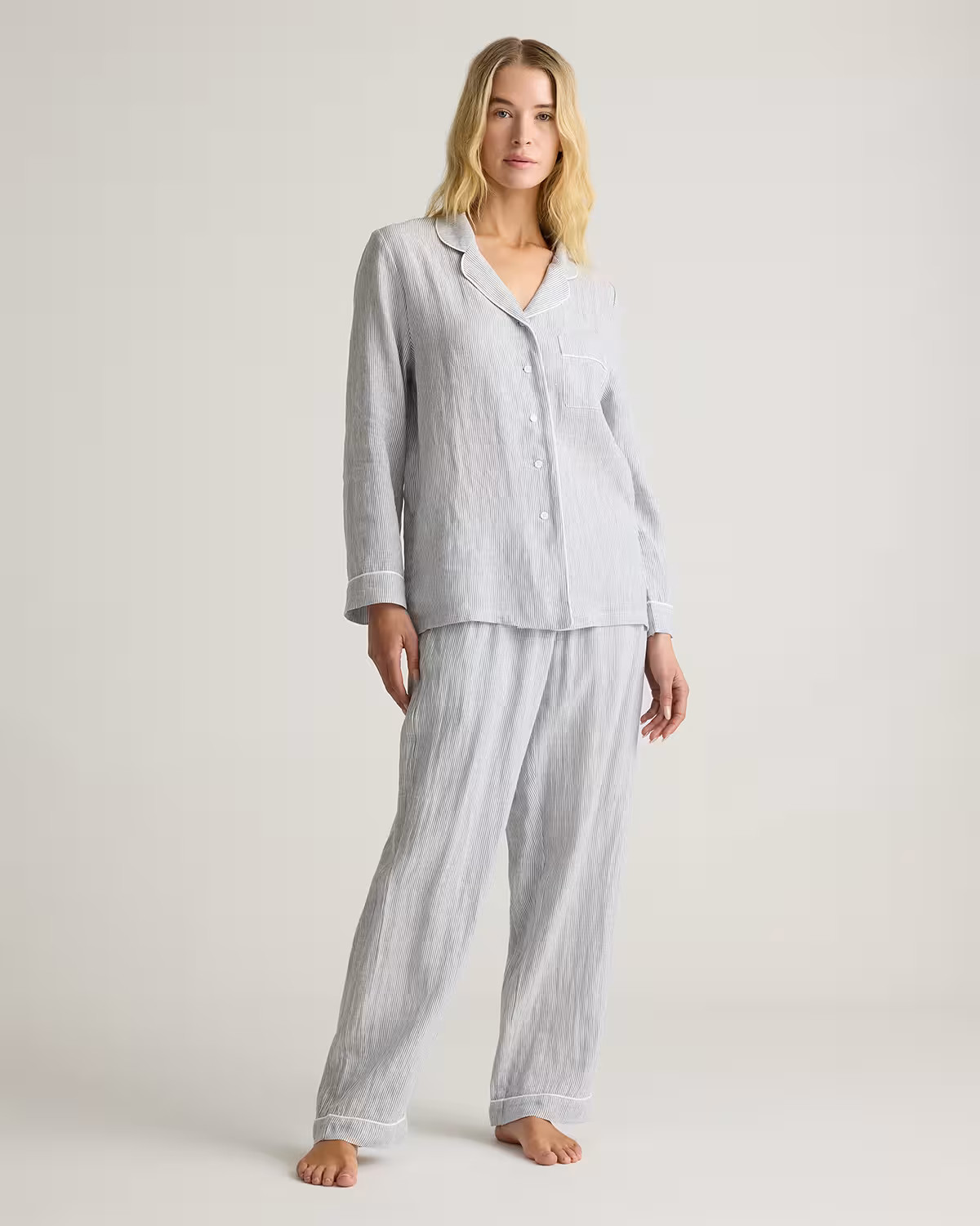 100% European Linen Long Sleeve Pajama Set with Piping in Blue Pinstripe | Quince