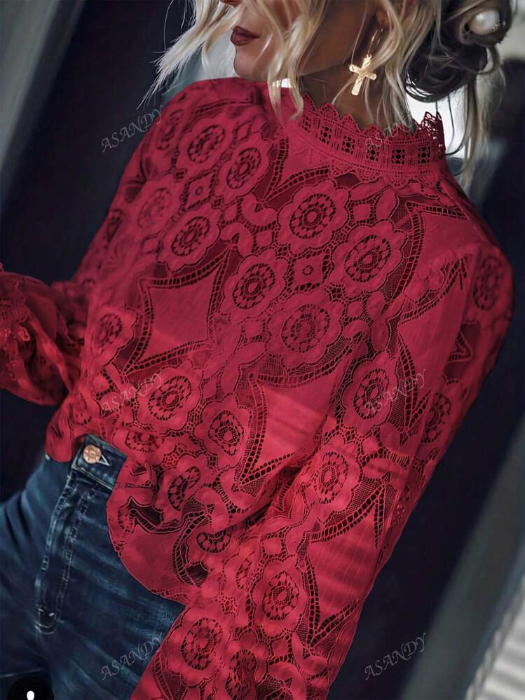 Women's Elegant Stand Collar Splicing Lace Trim Hollow Long Sleeve Top | SHEIN