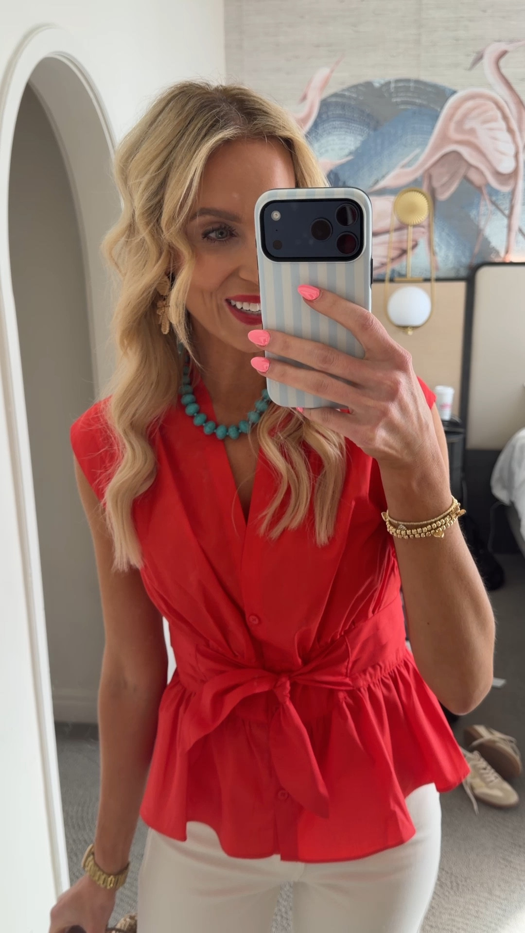 This red tie waist blouse is so flattering! 