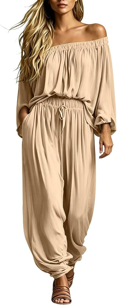 Women's Linen 2 Piece Outfits Off Shoulder Top and Baggy Harem Pants Set | Amazon (US)