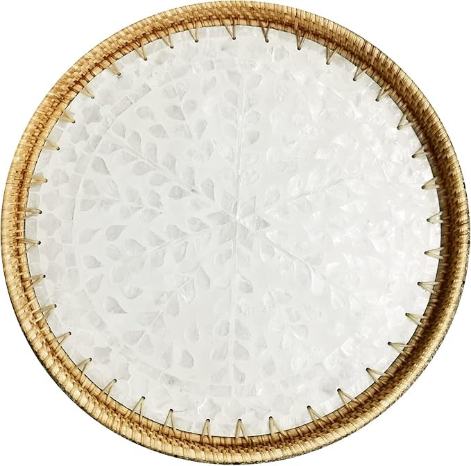 i-lan 16 Inch Rattan Round Serving Tray with Beige MOP Wooden Base, Extra Large Wicker Ottoman Se... | Amazon (US)