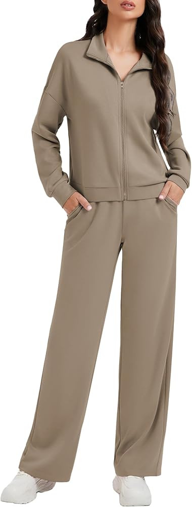 Casly Lamiit Women's 2 Piece Lounge Outfits Zip Up Sweat Set Contrast Striped Wide Leg Jogging Pa... | Amazon (US)