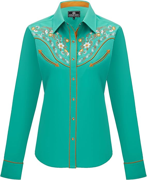 Women's Embroidered Western Cowgirl Slim Fit Shirt Long Sleeve Snap Button Down Shirt with Embroi... | Amazon (US)