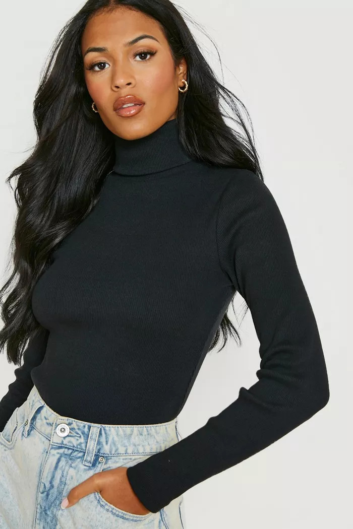 Black Tall Turtle Neck Long Sleeve Rib Bodysuit | Boohoo.com (UK & IE)