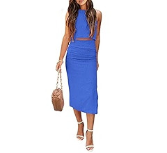 PRETTYGARDEN Women's 2 Piece Summer Outfits Crewneck Tank Tops Split Bodycon Midi Skirt Set | Amazon (US)
