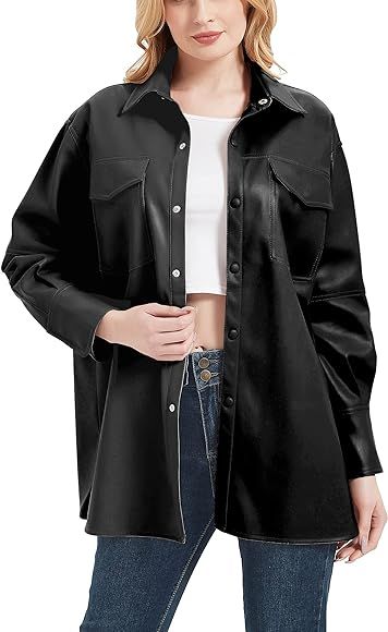 RISISSIDA Women Faux Leather Blazer Jackets/Shacket for Spring and Fall Fashion, Vegan Leather Bu... | Amazon (US)