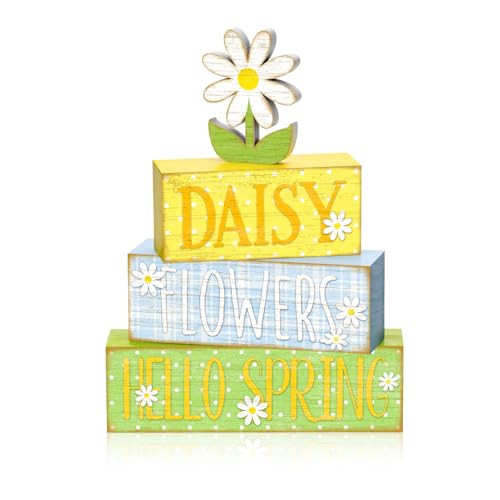 4Pcs Daisy Flower Hello Spring Wooden Stack Signs Rustic Farmhouse Tiered Tray Decor Yellow Blue Floral Wooden Table Decor for Spring Home Kitchen Office Gift | Amazon (US)