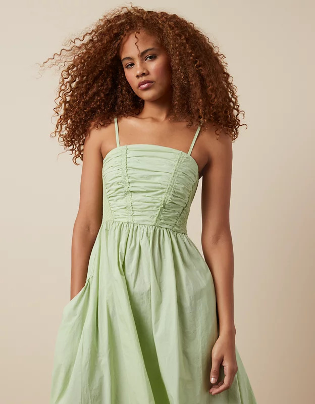 AE Strapless Ruched Poplin Midi Dress | American Eagle Outfitters (US & CA)