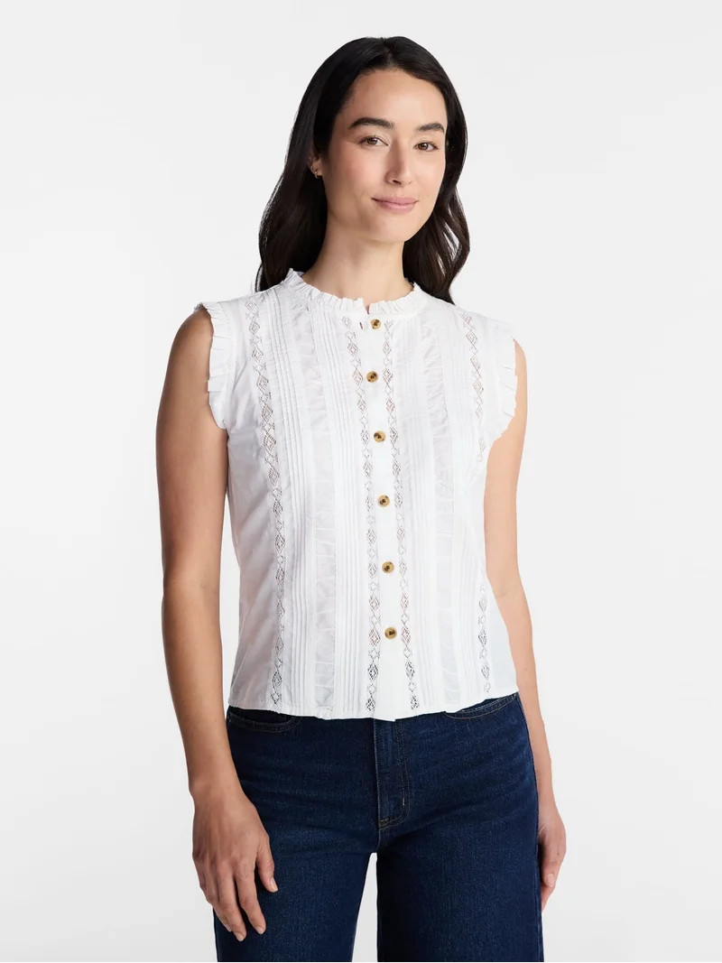 Time and Tru Women's Lace Inset Sleeveless Cotton Top, Sizes XS-XXXL | Walmart (US)