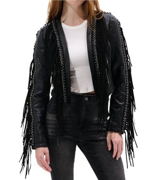 Azalea Wang Olivier Eyelet Fringe Open Front Cropped Moto Jacket | Dillard's | Dillard's