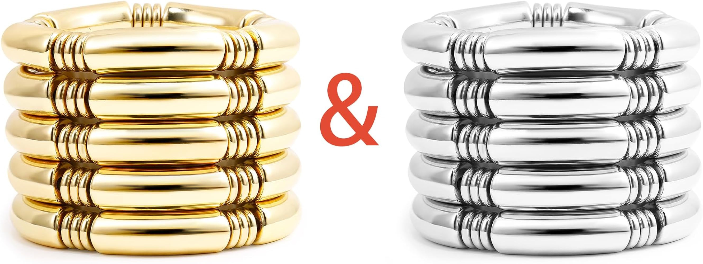 Gold Chunky Bangles Bracelets For Women 14k Gold Plated Stack Layered Curved Bamboo Tube Stretch ... | Amazon (US)