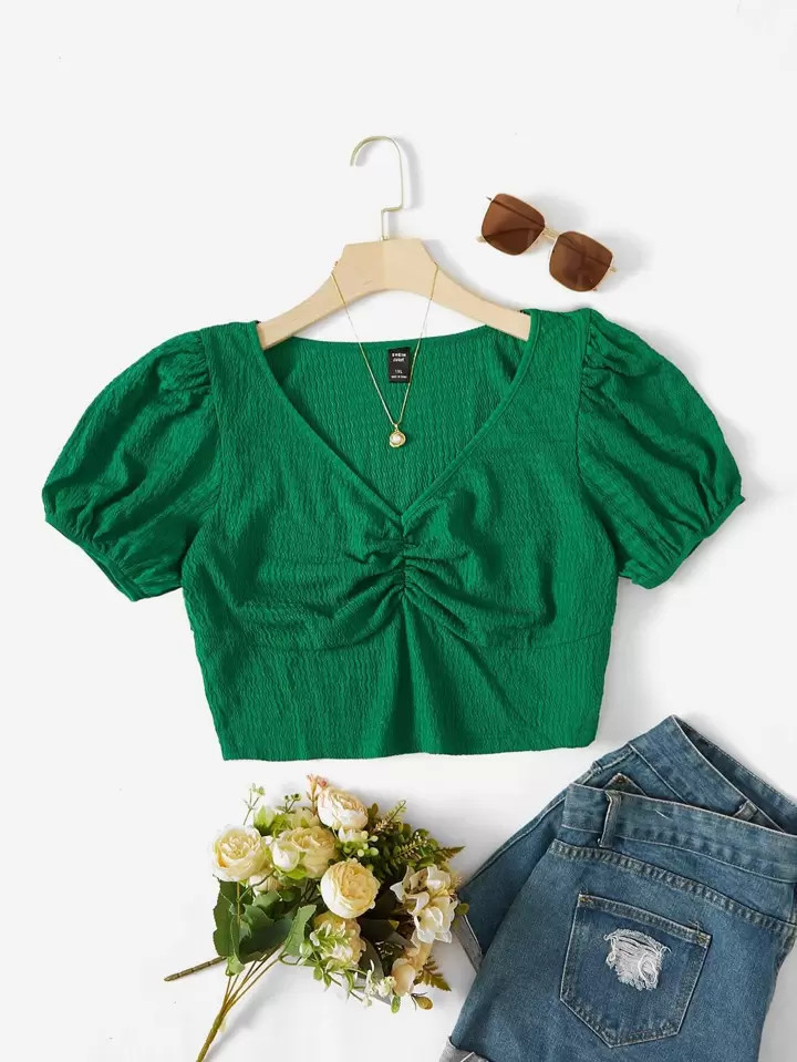 SHEIN WYWH Plus Ruched Puff Sleeve Tee | SHEIN