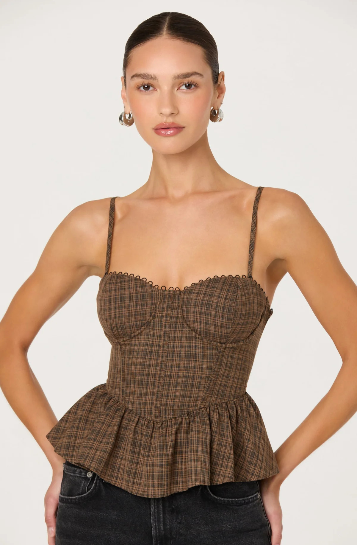 Baylin Plaid Peplum Bustier Top - Black brown plaid / XS | ASTR The Label (US)