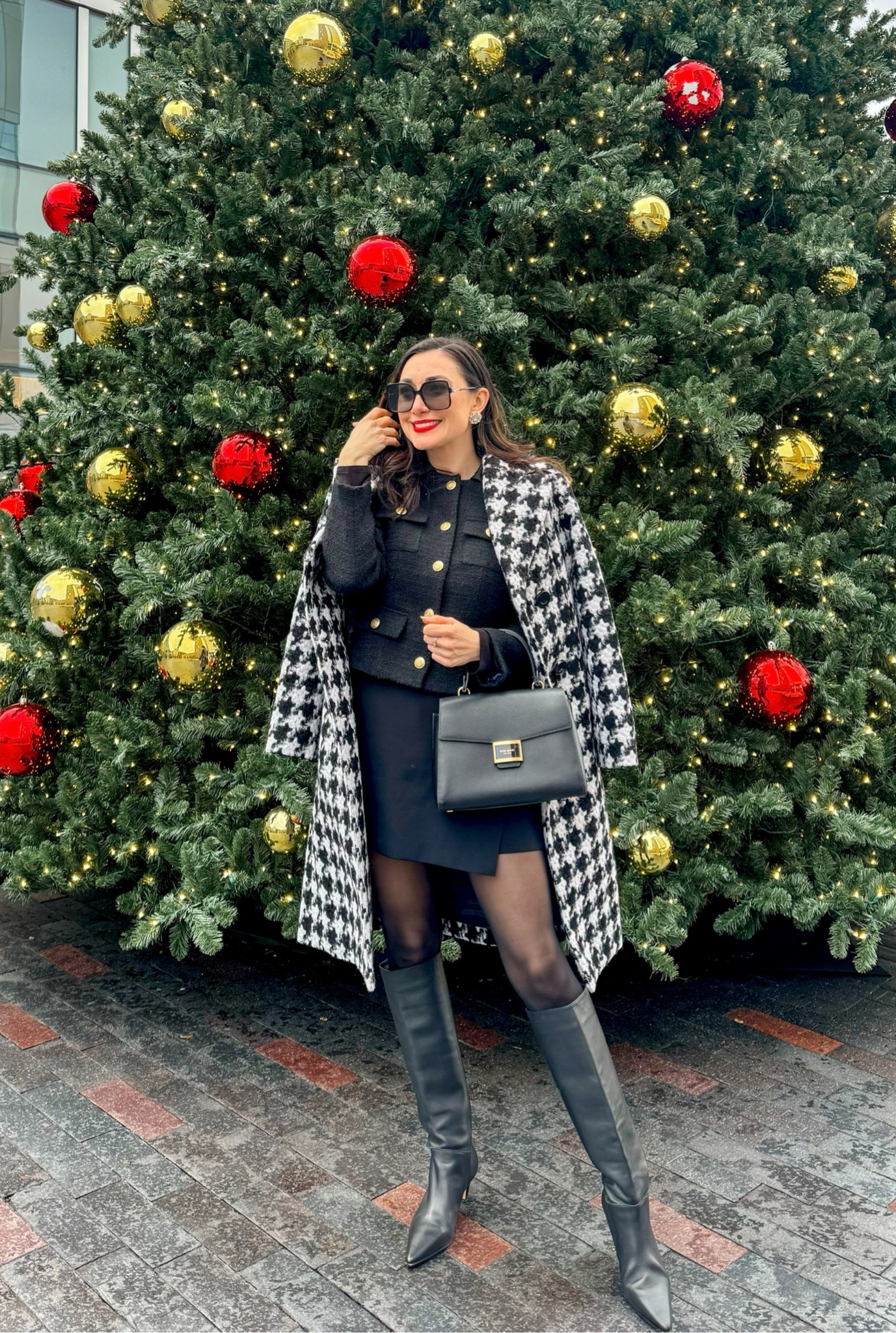 Classy holiday outfit 🖤💋

Houndstooth coat size small, TTS 
Black tweed jacket size 4, TTS 
Black skort size small, TTS
Black sheer tights size medium, TTS 
Black knee high boots size 7.5, sized up half size for thicker socks 

Winter outfit 
Classy outfit 
Chic outfit 
Parisian style 
Chanel inspired



#LTKHoliday #LTKSeasonal #LTKSaleAlert
