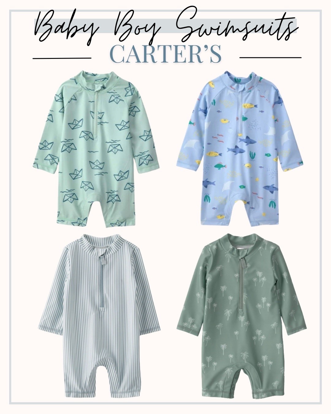 Check out these baby boy swimsuits 

Baby boy, swimsuit, carters

#LTKsummer #LTKbaby #LTKfamily