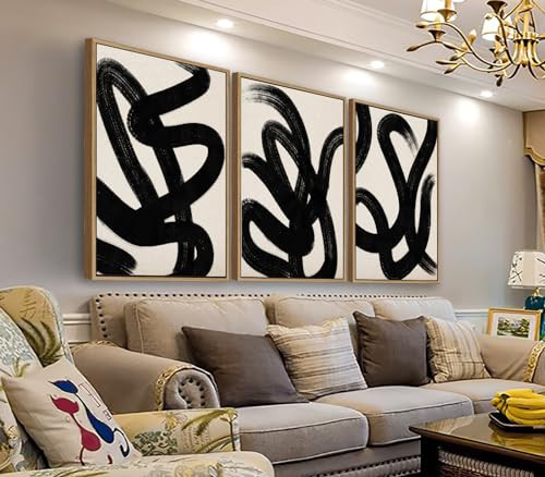 Framed Wall Art Canvas Set Abstract Lines Pictures Modern Mid Century Boho Wall Decor Minimalist Abstract Black Stroke Lines Canvas Painting Artwork Living Room Bedroom Home Office 20"x28"x3 Natural | Amazon (US)