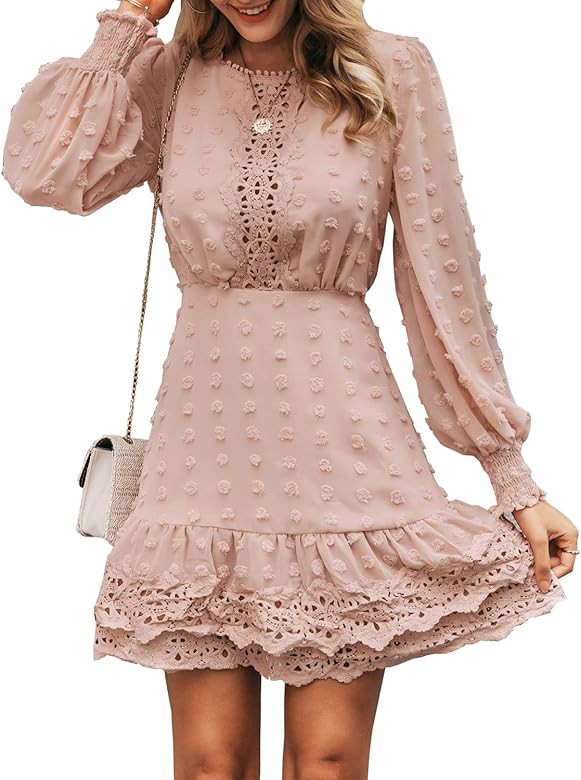 Women's Elegant Lace Chiffon Mini Dress Lantern Sleeve Ruffle Hem Party Dress | Amazon (US)