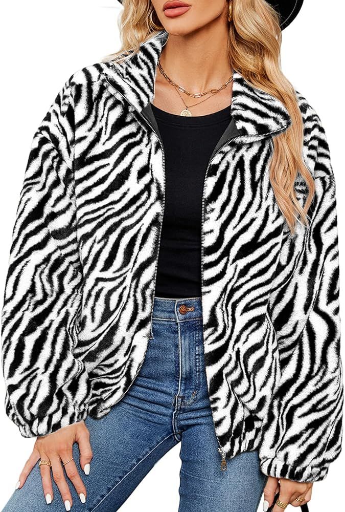 Rixiland Faux Fur Fackets for Women Zebra Print Zipper Fuzzy Coat Fleece Winter Sherpa Jackets | Amazon (US)