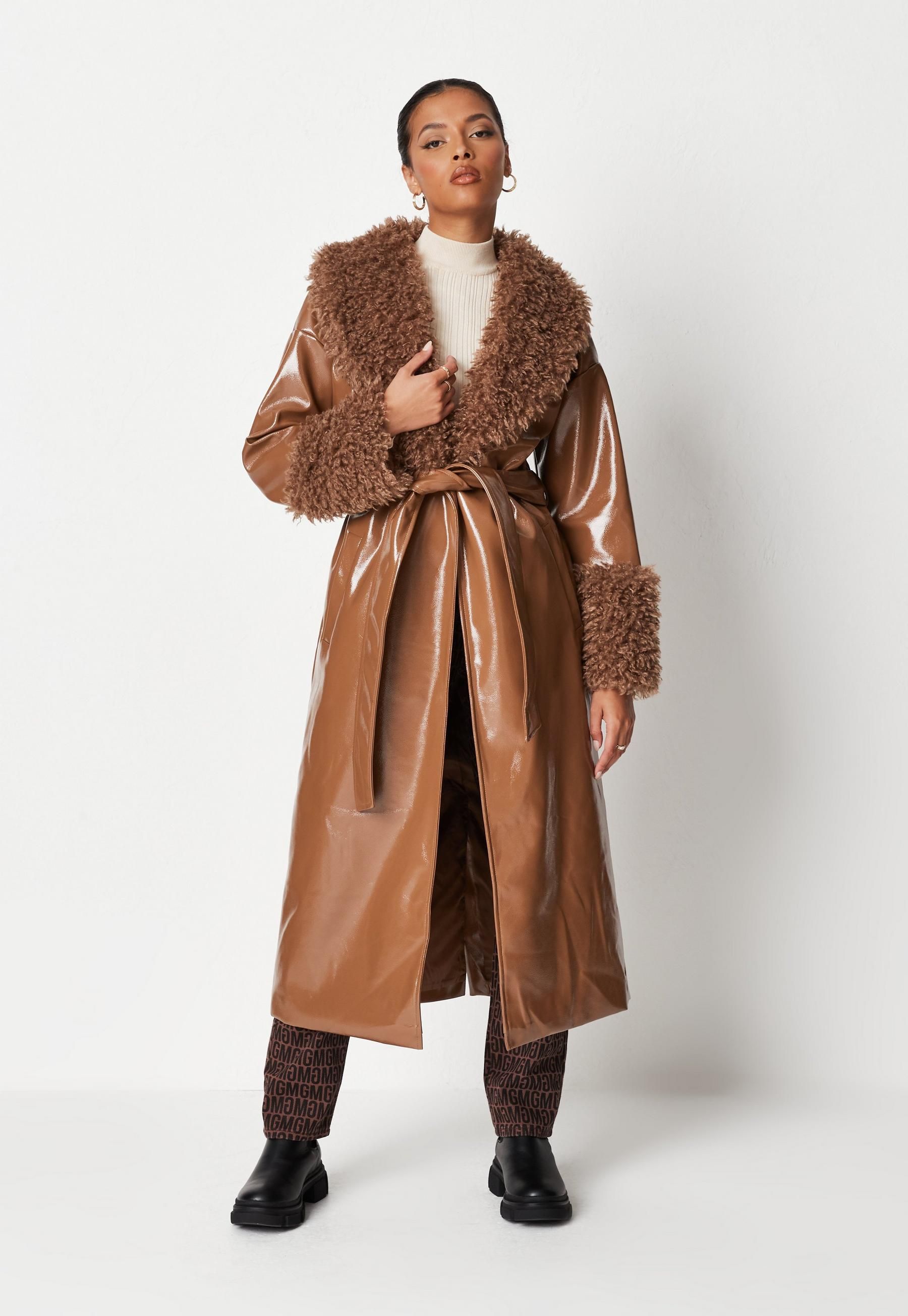 Missguided - Tall Tan Faux Fur Vinyl Trench Coat | Missguided (US & CA)