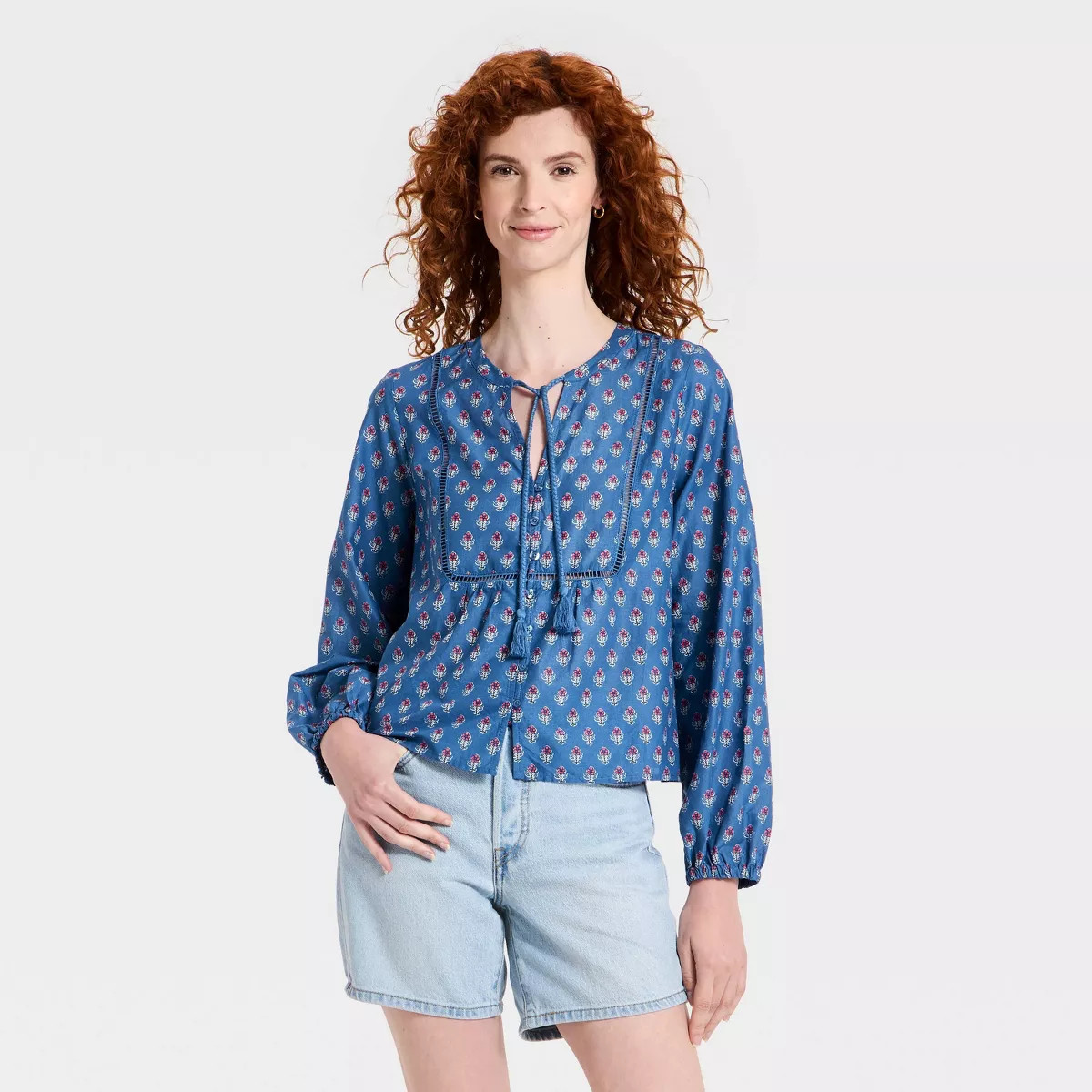 Women's Balloon Long Sleeve Printed Blouse - Universal Thread\u2122 Blue Floral M | Target