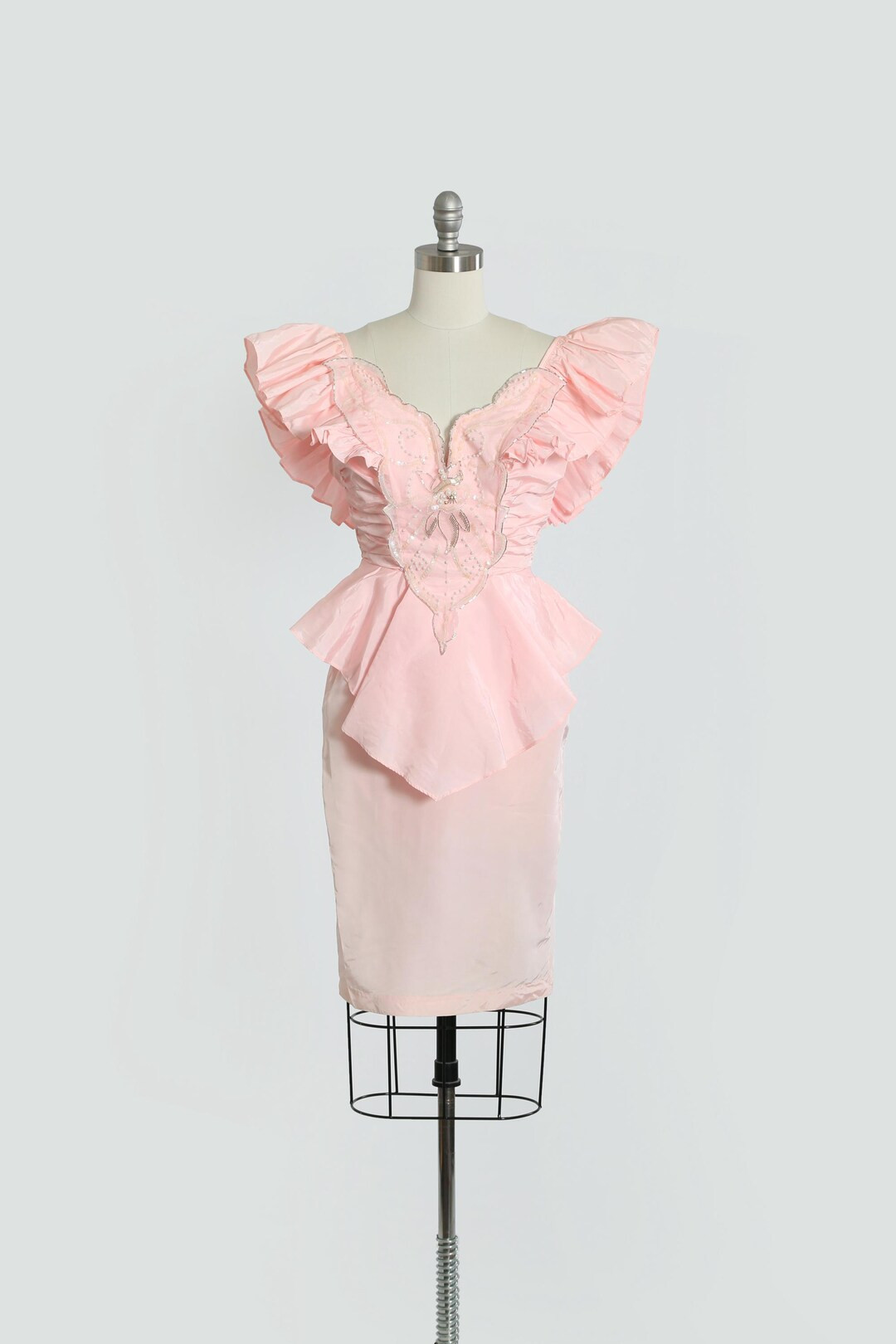 Vintage 1980s Climax Karen Okada Beaded Pink Satin Peplum Dress - Etsy | Etsy (US)