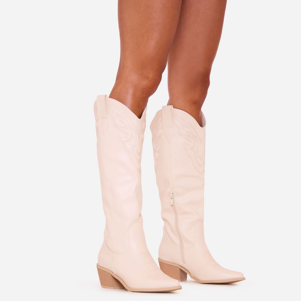 Tyler Embroidered Detail Pointed Toe Mid Calf Western Cowboy Boot In Cream Faux Leather | EGO (UK)