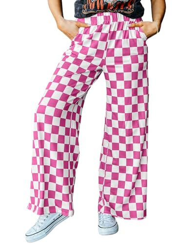 Acelitt Women's Casual Checkered Pants 2025 Spring Summer Lightweight Elastic Waist Comfy Loose Wide Leg Plaid Beach Pants Trousers Vacation Outfits Pink Medium | Amazon (US)