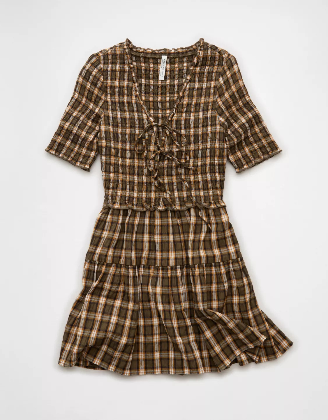 AE Puff Sleeve Tie Front Plaid Mini Dress | American Eagle Outfitters (US & CA)