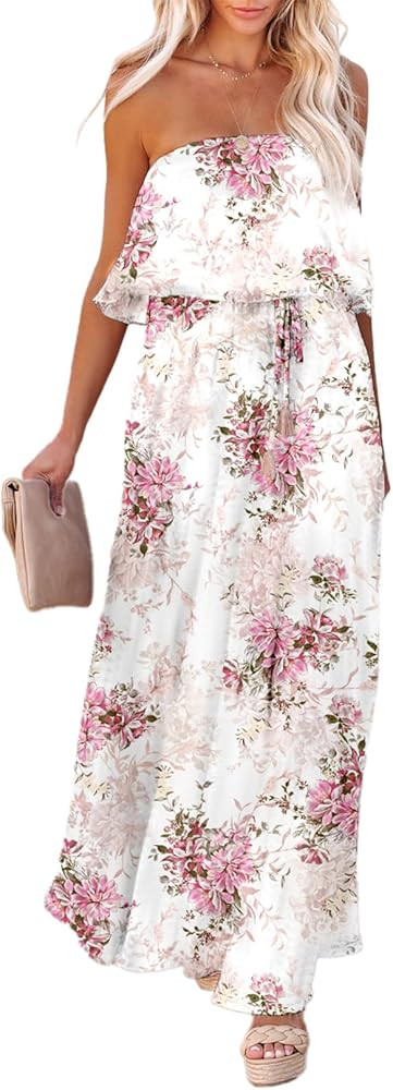 Dokotoo Womens Strapless Dresses Casual Summer High Waist Side Split Flowy Boho Maxi Dress | Amazon (US)