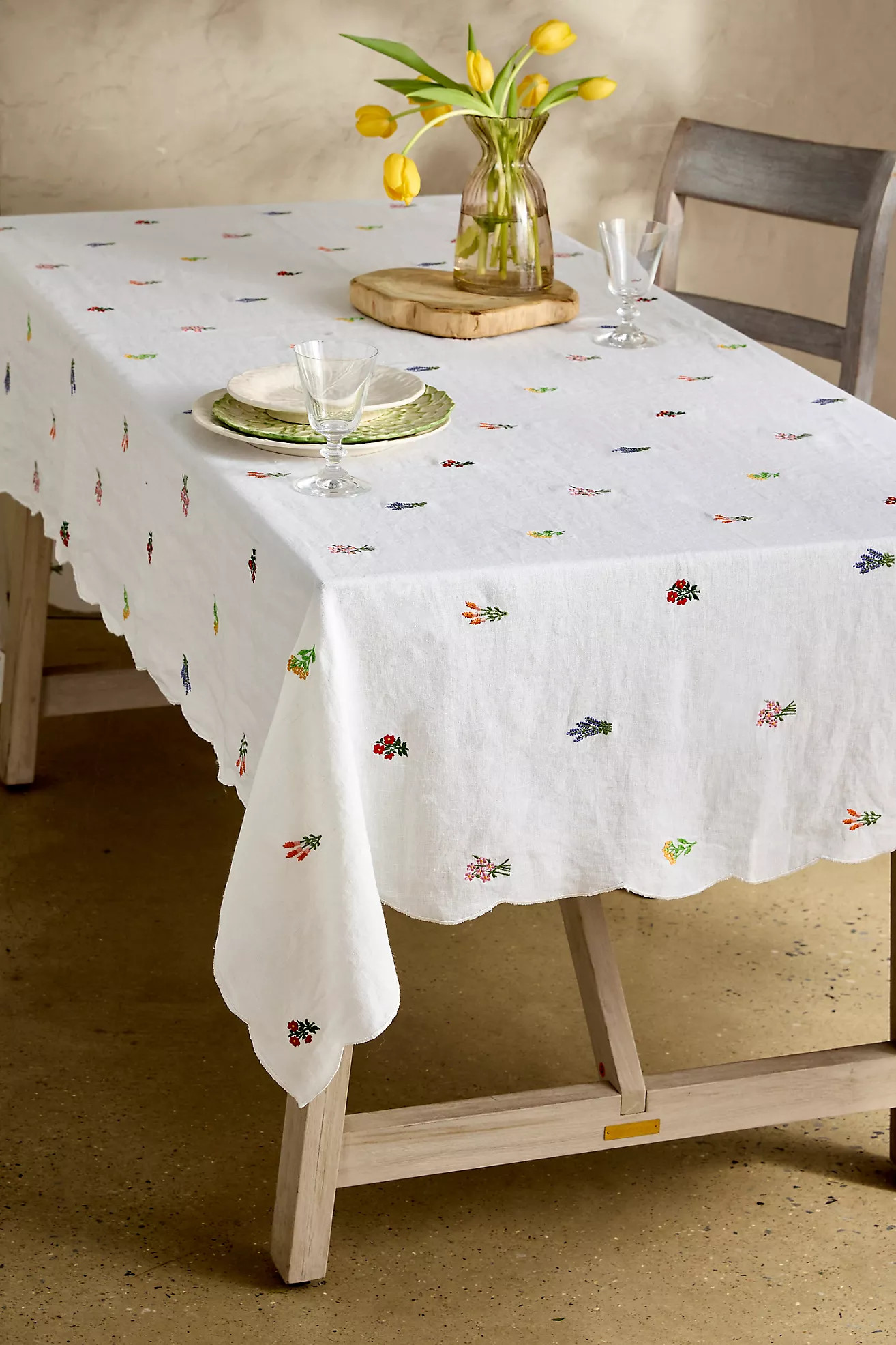 Embroidered Floral Linen Tablecloth
