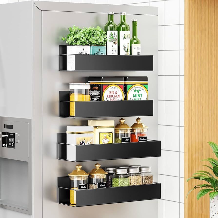 Vetacsion 4 Pack Moveable Fridge Magnetic Spice Racks,Metal Black | Amazon (US)