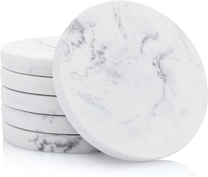 Essentra Home Set of 6 White Marble Coasters for Drinks, Soft Felt Bottom Protects Your Furniture... | Amazon (US)