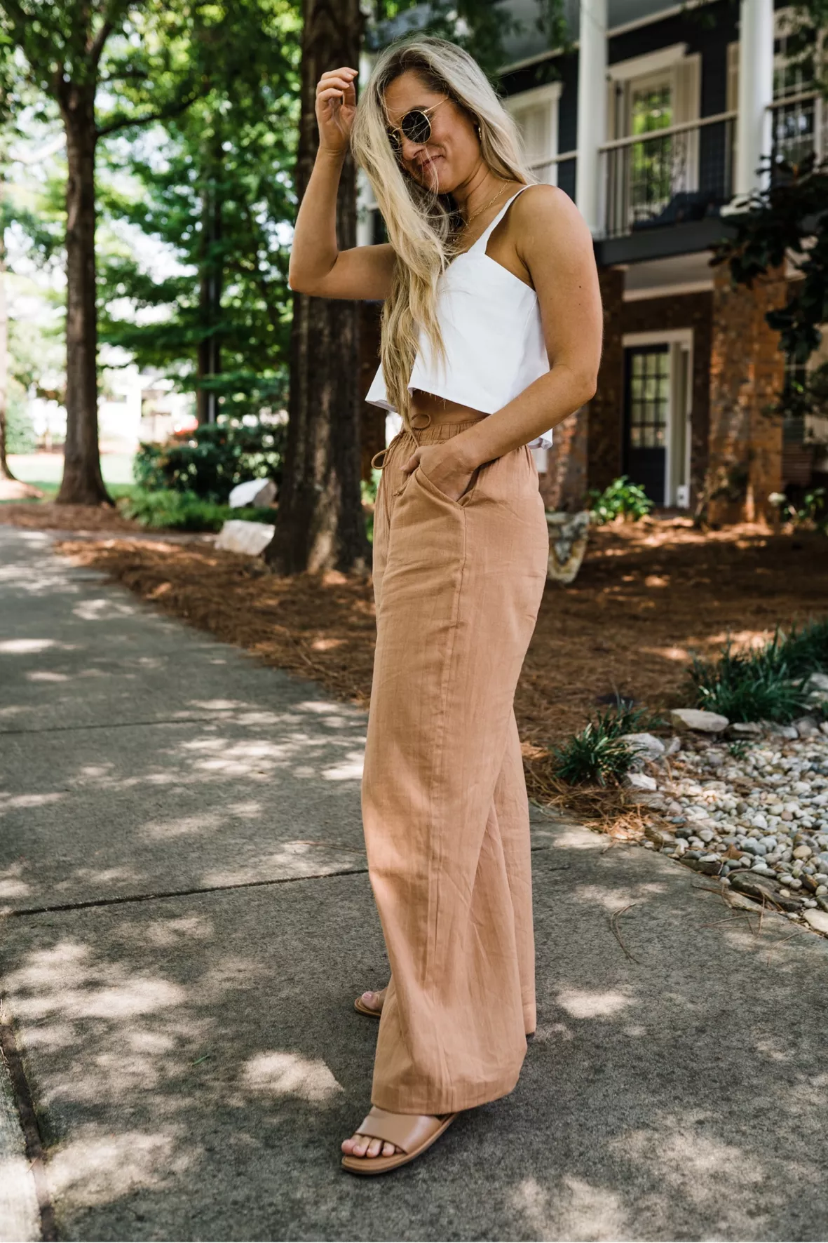White Linen Blouse with Beige Wide Leg Trousers