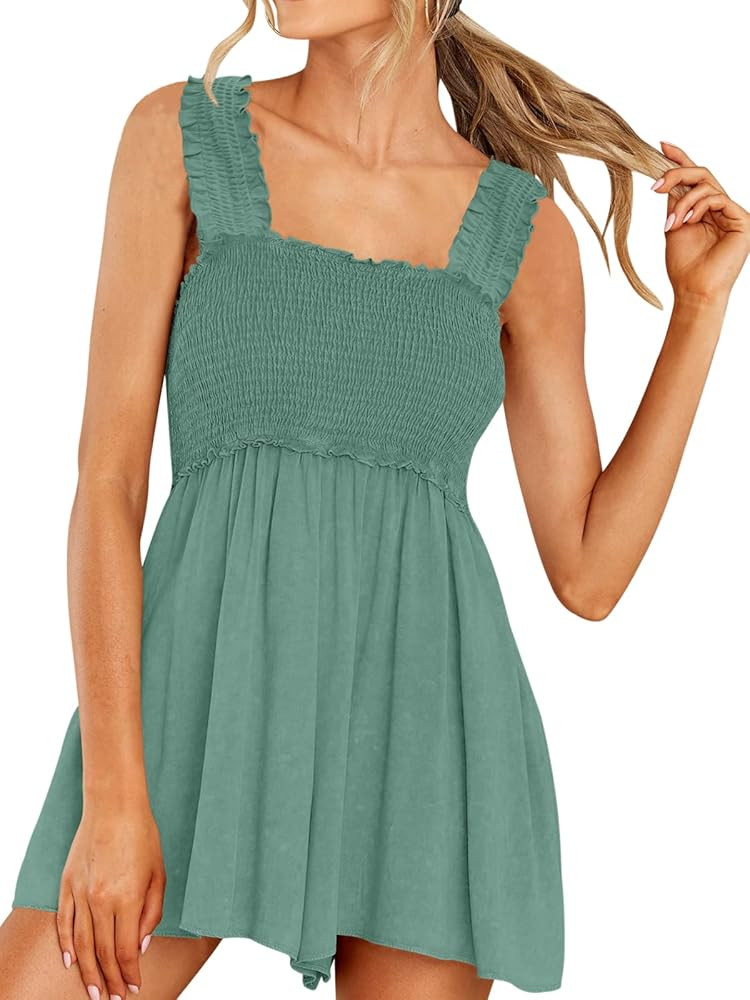 DEEP SELF Women Summer Sleeveless Romper Square Collar Ruffle Straps Flowy Short Jumpsuit with Po... | Amazon (US)