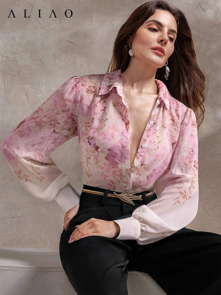 ALIAO Spring/Autumn White Base Pink Floral Print Sheer Button-Down Long Sleeve Shirt, Casual Vacation Style For Daily Wear And Outings | SHEIN