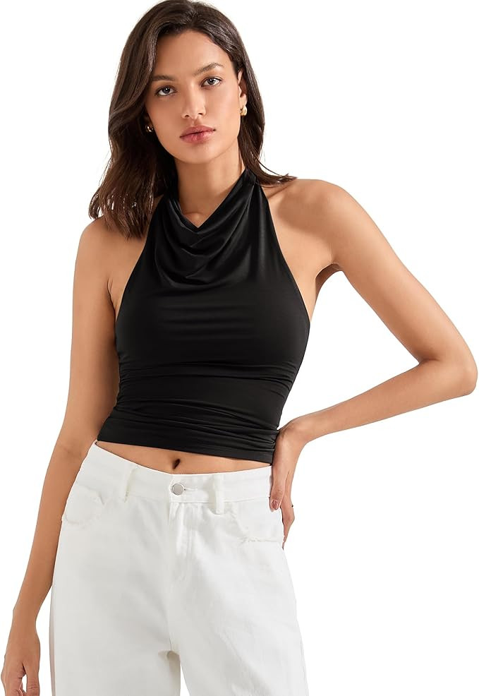 SUUKSESS Women Halter Backless Tank Tops Sexy Cowl Neck Summer Going Out Cami Tops | Amazon (US)