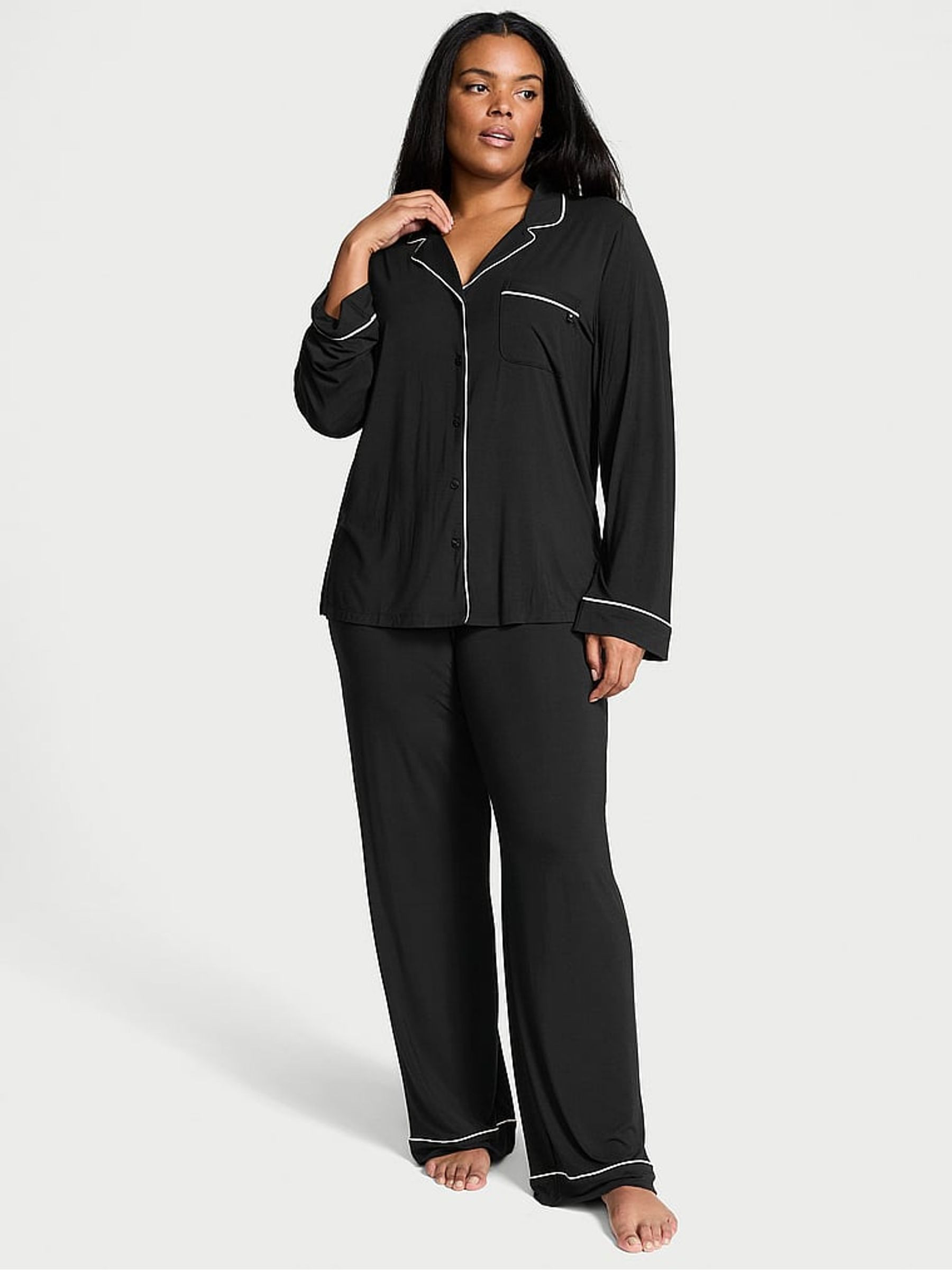 Black with Angel Pink Piping Modal Long Pyjama Set | Victoria's Secret UK