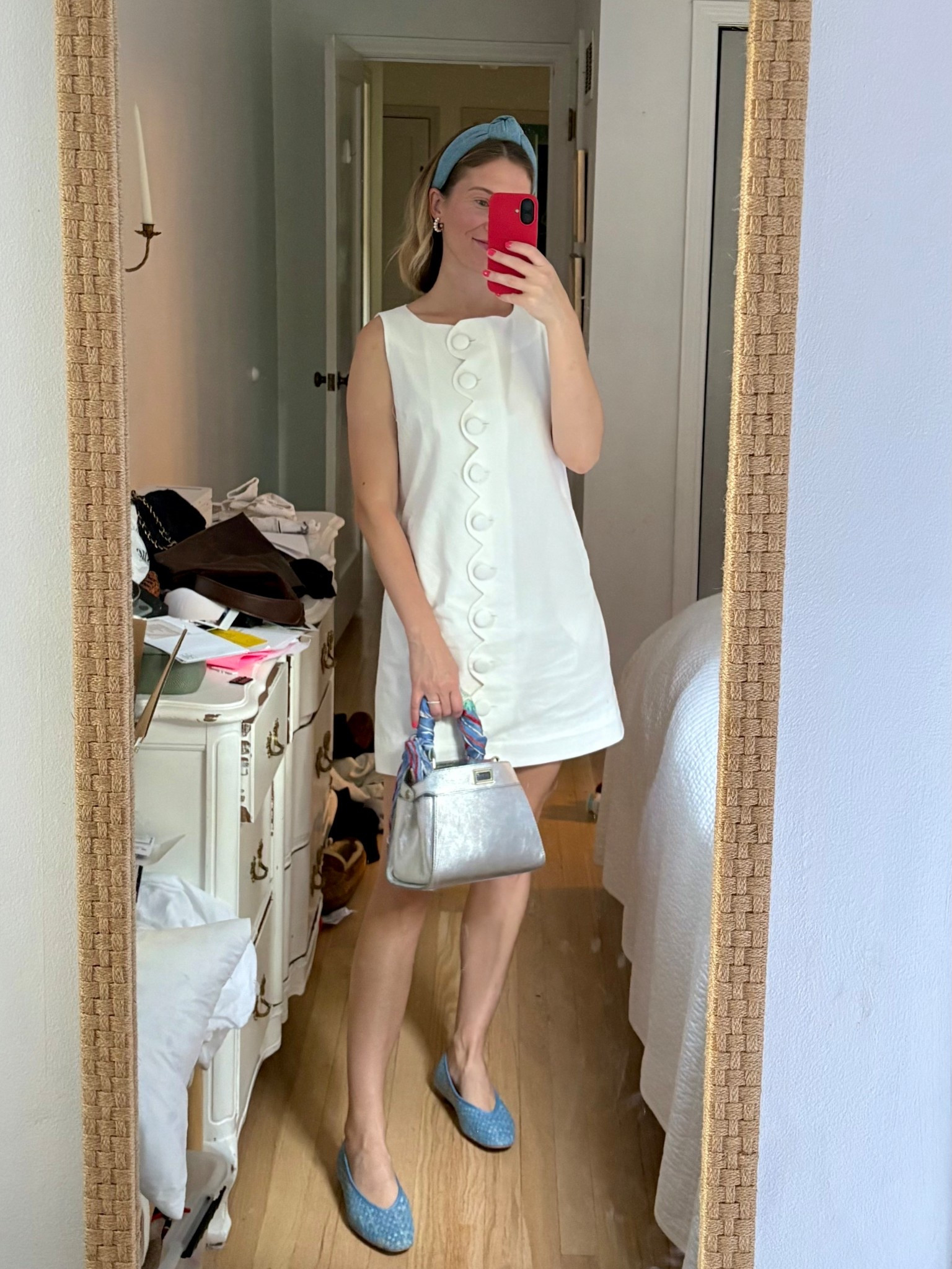 The perfect white dress! Though I don’t advise for anyone over 5’5” as it does run short. 

Sandwich method with a denim headband and denim flats, finished off with my favorite silver bag with a scarf tied on! 

#LTKItBag #LTKSeasonal #LTKShoeCrush
