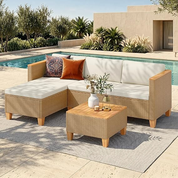 HERA'S HOUSE Small Patio Furniture Set, 3 Pieces Wicker Outdoor Sectional Sets,Yellow Rattan Conv... | Amazon (US)