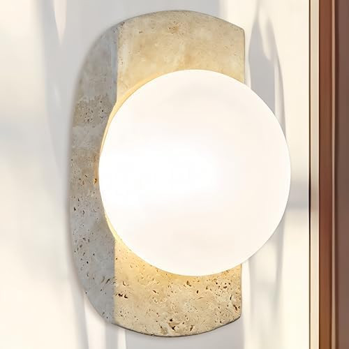 10.9 Inch Travertine Stone Crescent Natural Ivory Wall Sconce, Milky White Glass Globe Shade, Han... | Amazon (US)