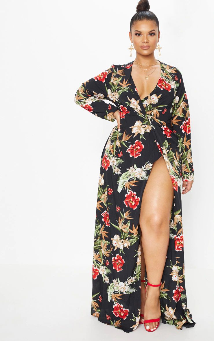 PLT Plus - Longue robe noire à imprimé floral torsadée devant | PrettyLittleThing (FR)