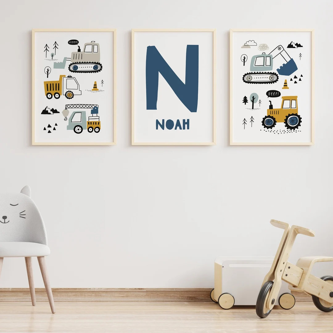 Nursery Prints Construction Vehicle Wall Art Initial Print - Etsy | Etsy (US)