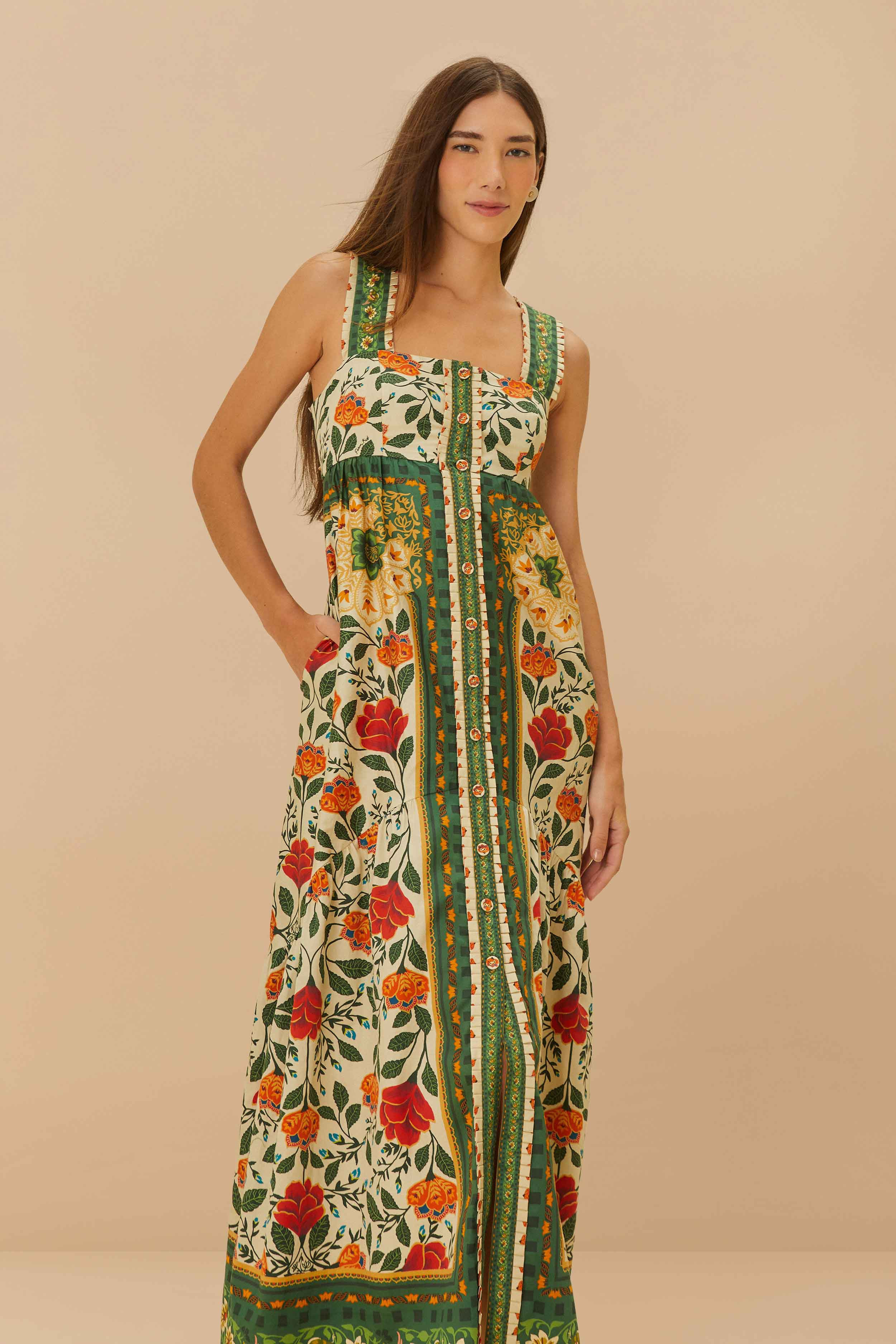 Sand Garden Tapestry Back Bow Maxi Dress, GARDEN TAPESTRY SAND / M | FarmRio (US)