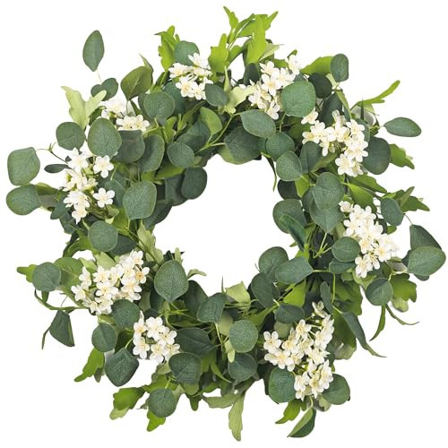YUGALI 24’’ Spring Wreaths for Front Door - Artificial Green Eucalyptus with White Cherry Blossom, Daisy & Lavender, Grapevine Base for Farmhouse Porch Wedding Easter Decor Outdoor Year Round | Amazon (US)